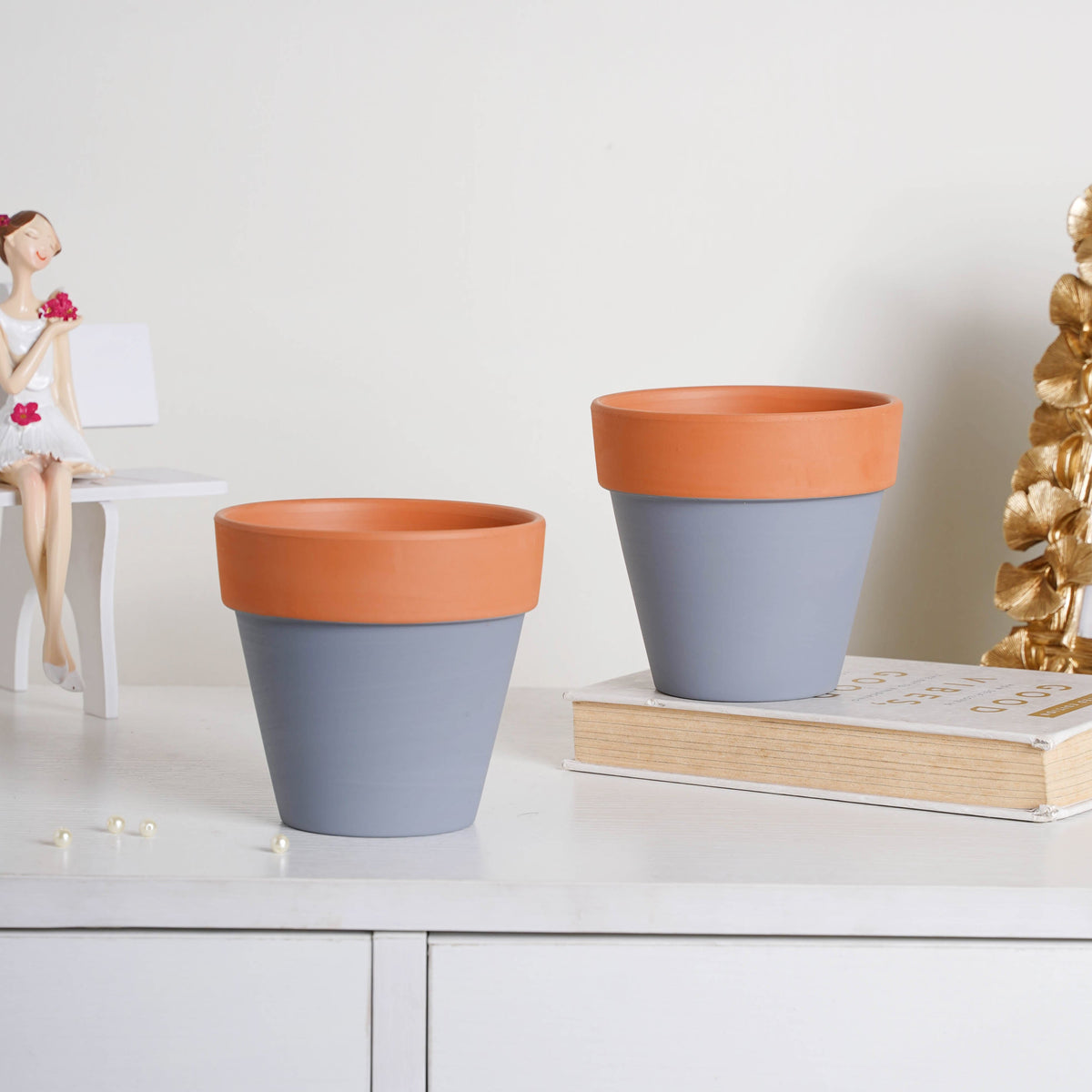 Brown Rim Grey Clay Pot Set Of 2 Nestasia