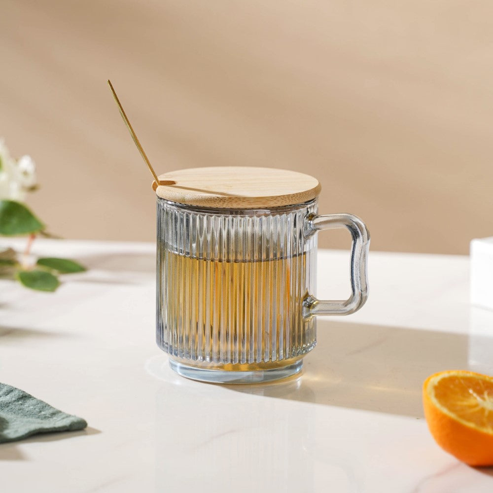Aurora Ribbed Grey Glass Mug With Lid And Spoon Set Of 2 350 ml Nestasia
