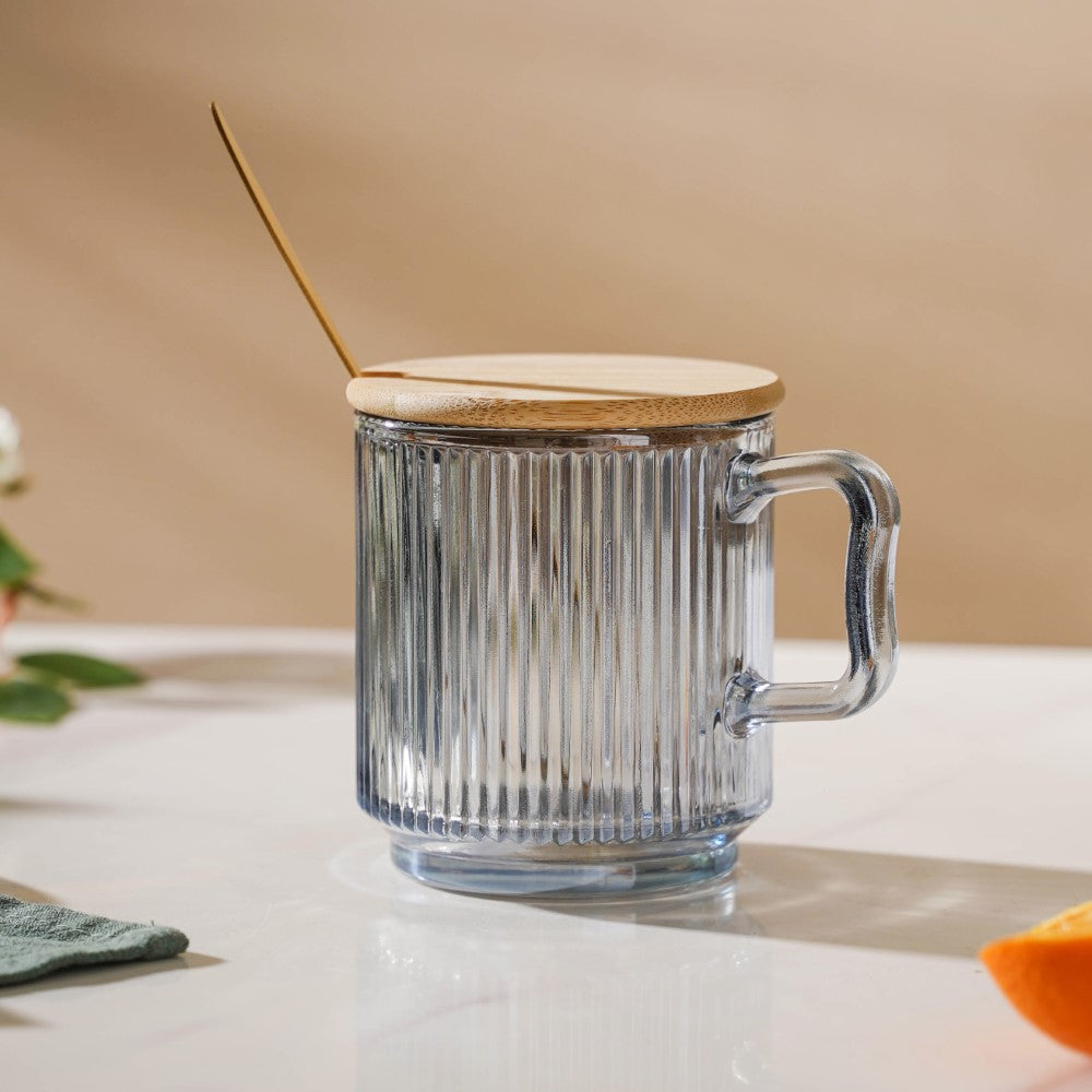 Aurora Ribbed Grey Glass Mug With Lid And Spoon Set Of 2 350 ml Nestasia