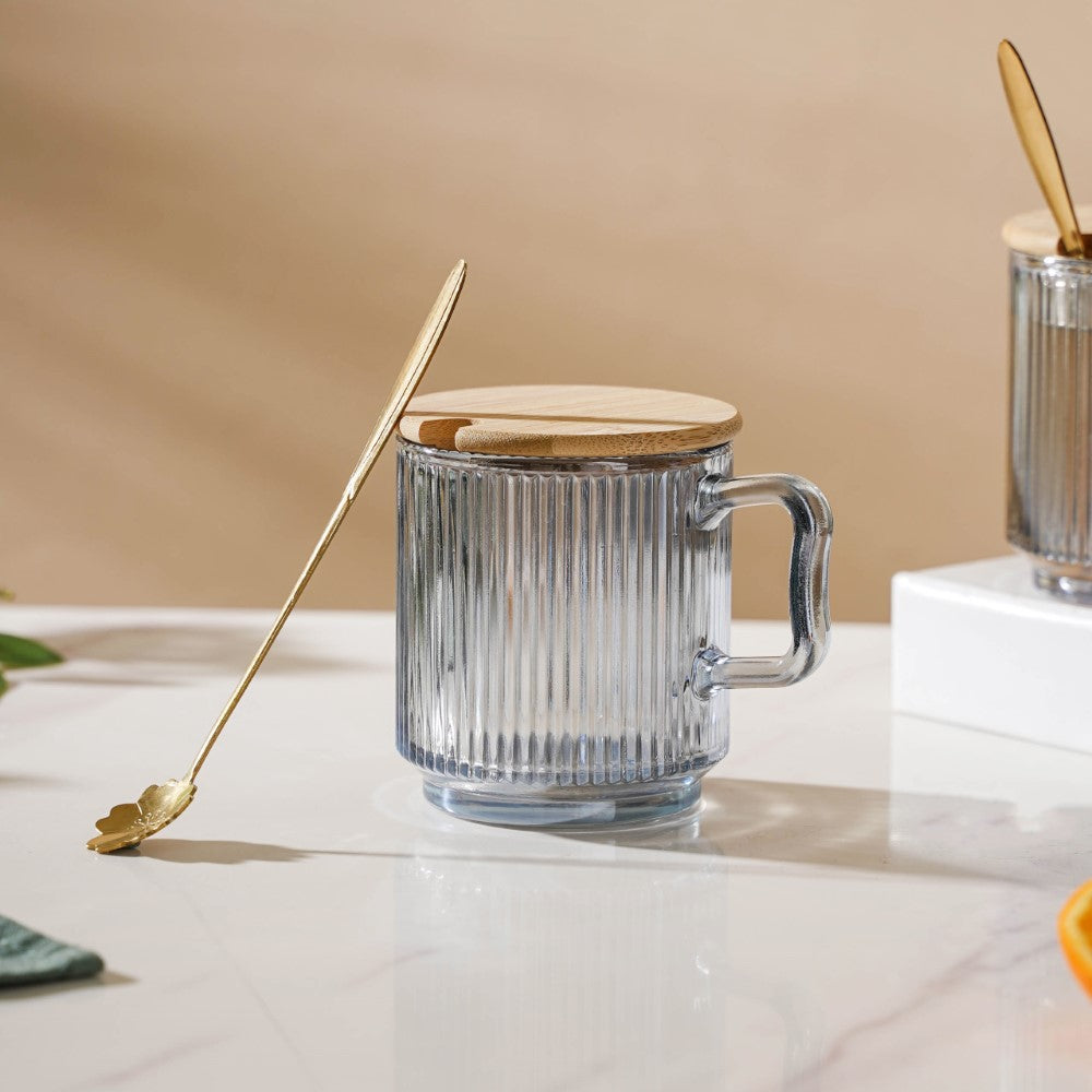 Aurora Ribbed Grey Glass Mug With Lid And Spoon Set Of 2 350 ml Nestasia