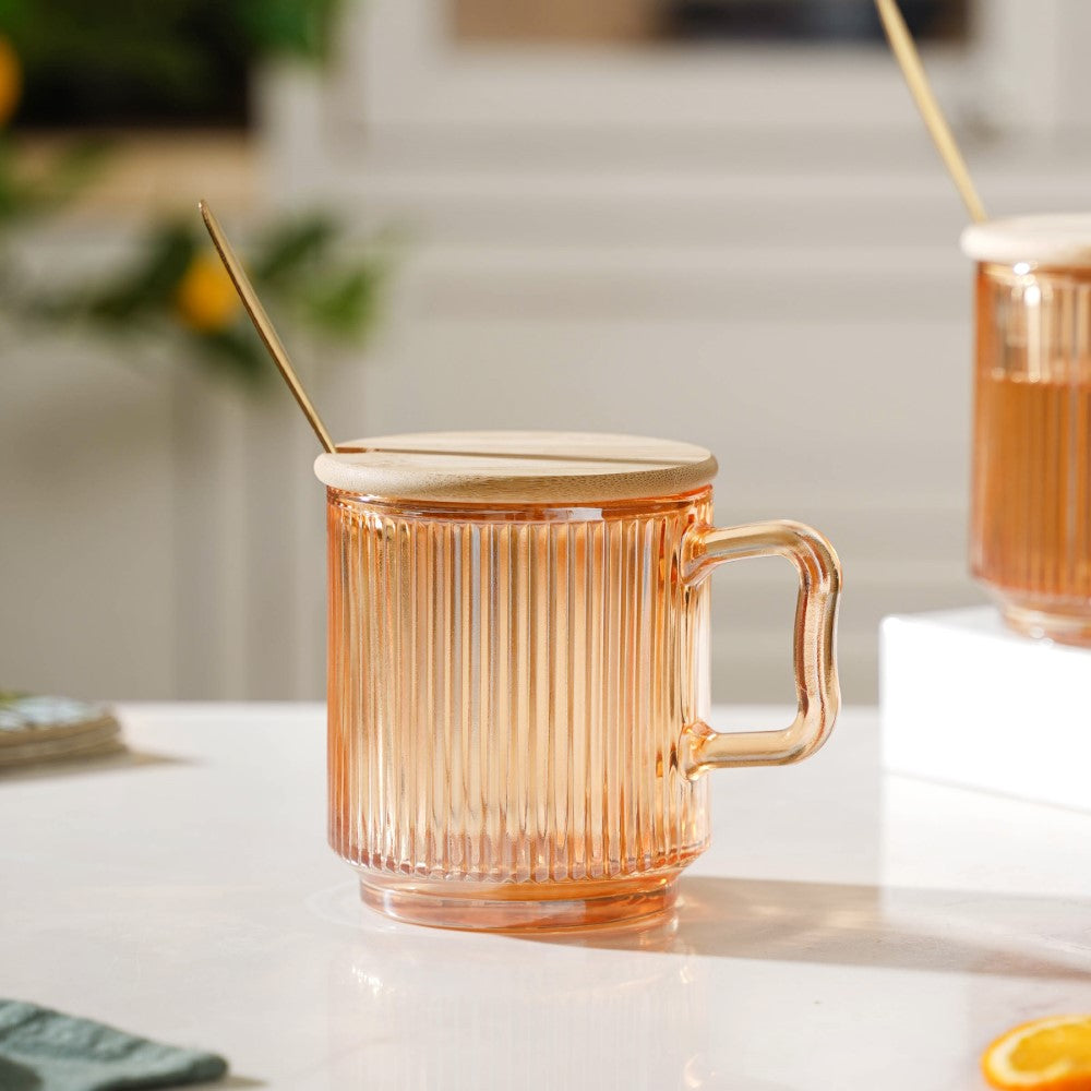 Aurora Ribbed Amber Glass Mug With Lid And Spoon Set Of 2 350 ml Nestasia