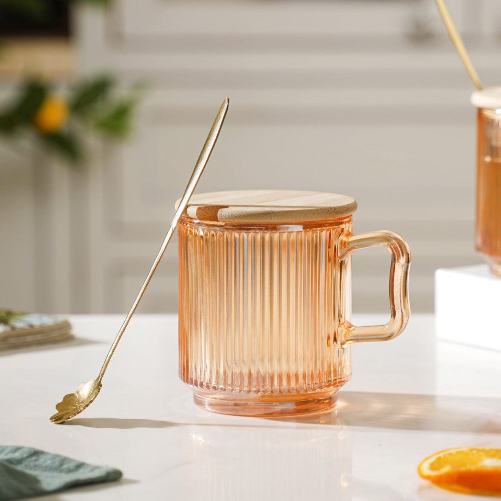 Aurora Ribbed Amber Glass Mug With Lid And Spoon Set Of 2 350 ml Nestasia