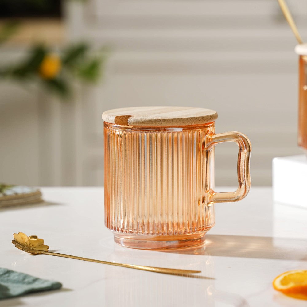 Aurora Ribbed Amber Glass Mug With Lid And Spoon Set Of 2 350 ml Nestasia