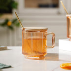 Aurora Ribbed Amber Glass Mug With Lid And Spoon Set Of 2 350 ml Nestasia