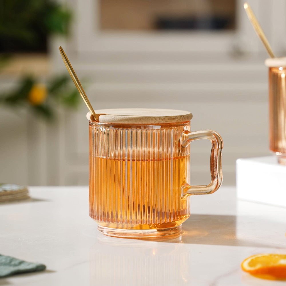 Aurora Ribbed Amber Glass Mug With Lid And Spoon Set Of 2 350 ml Nestasia