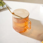 Aurora Ribbed Amber Glass Mug With Lid And Spoon Set Of 2 350 ml Nestasia