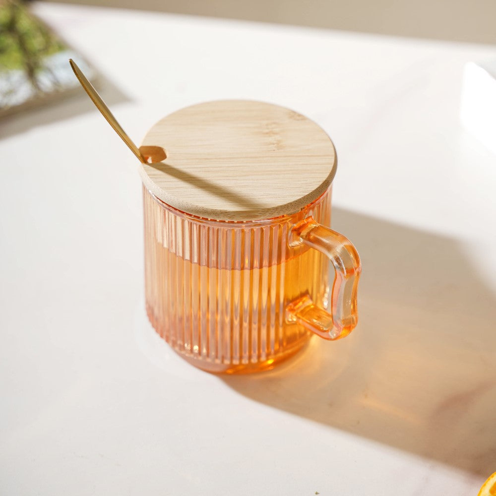Aurora Ribbed Amber Glass Mug With Lid And Spoon Set Of 2 350 ml Nestasia