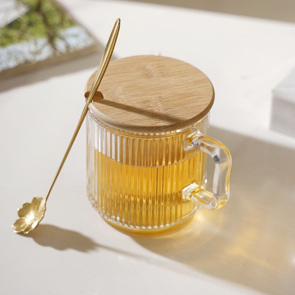 Aurora Transparent Glass Mug With Lid And Spoon Set Of 2 350 ml Nestasia