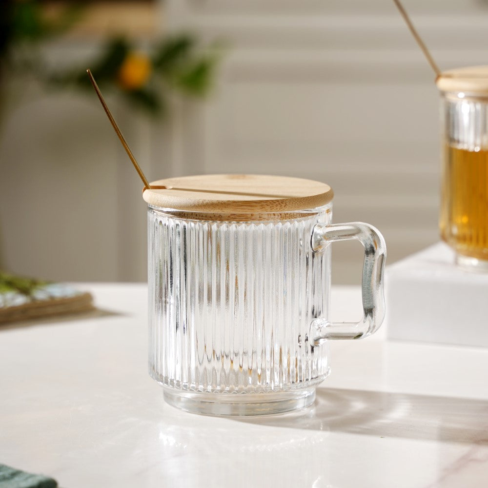 Aurora Transparent Glass Mug With Lid And Spoon Set Of 2 350 ml Nestasia