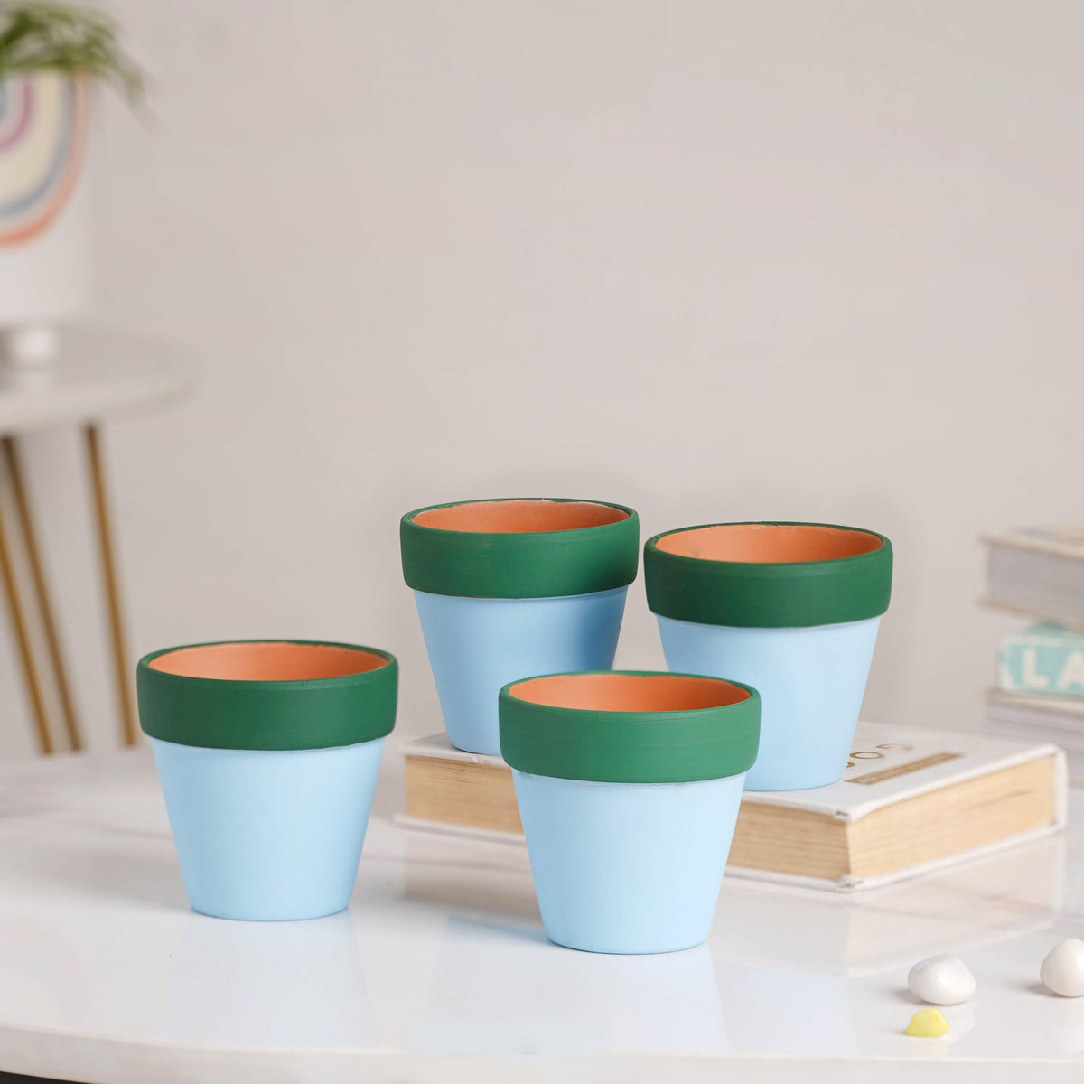 Green Rim Sky Blue Mini Pot Set Of 4 Nestasia