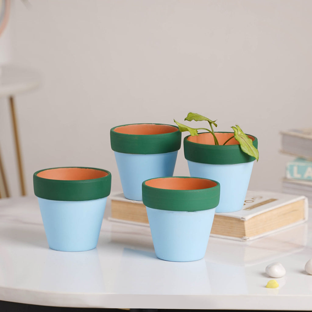 Green Rim Sky Blue Mini Pot Set Of 4 Nestasia