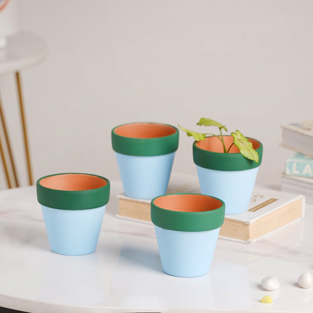 Green Rim Sky Blue Mini Pot Set Of 4 Nestasia