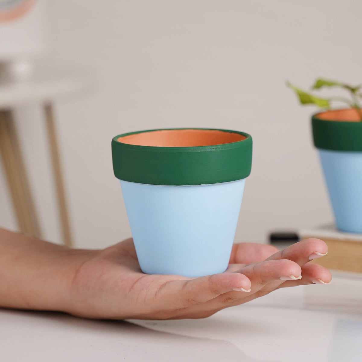 Green Rim Sky Blue Mini Pot Set Of 4 Nestasia