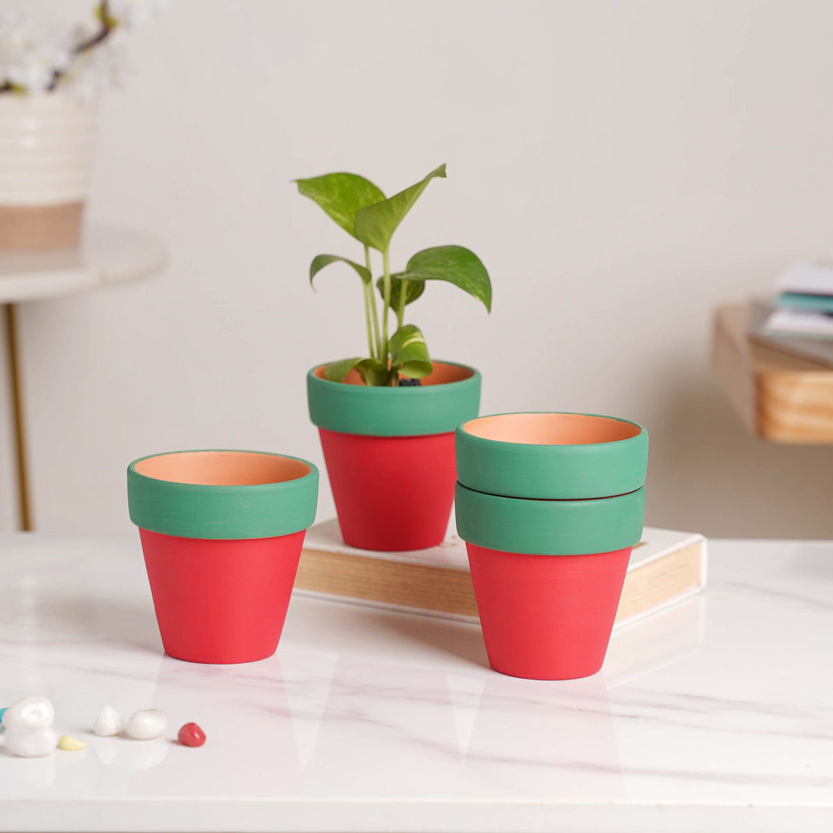 Green Rim Red Clay Pot Set Of 4 Nestasia