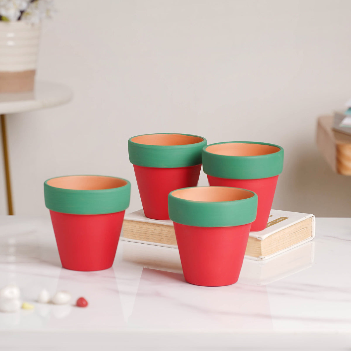Green Rim Red Clay Pot Set Of 4 Nestasia