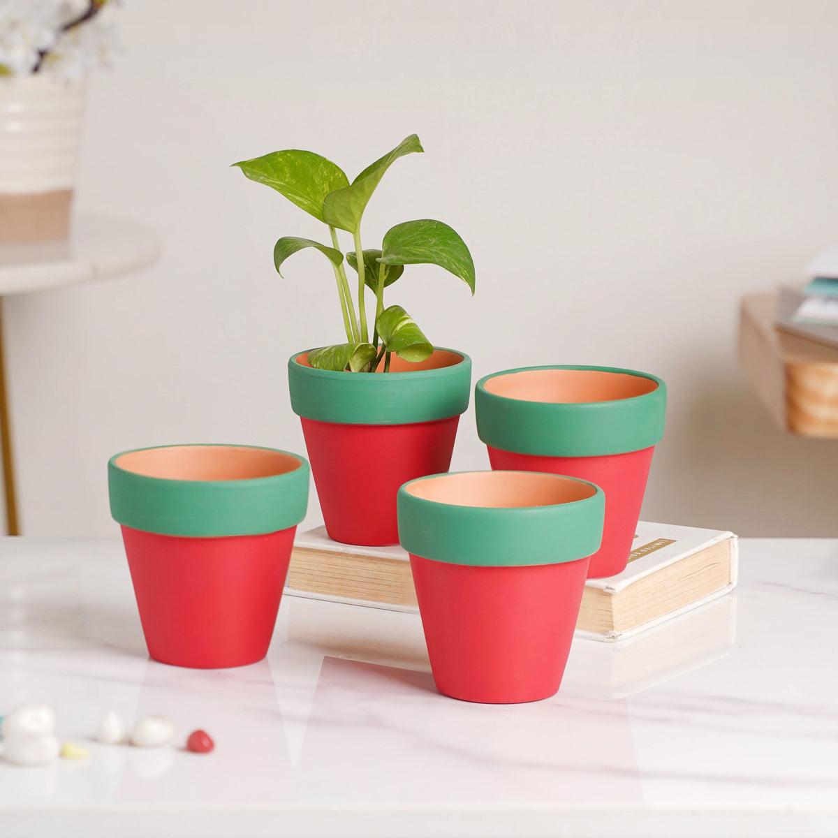 Green Rim Red Clay Pot Set Of 4 Nestasia