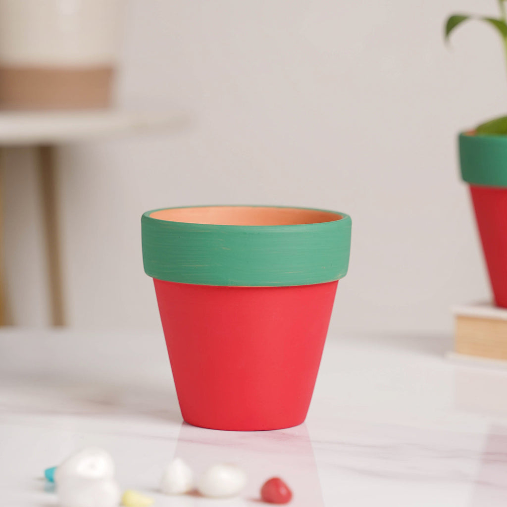Green Rim Red Clay Pot Set Of 4 Nestasia