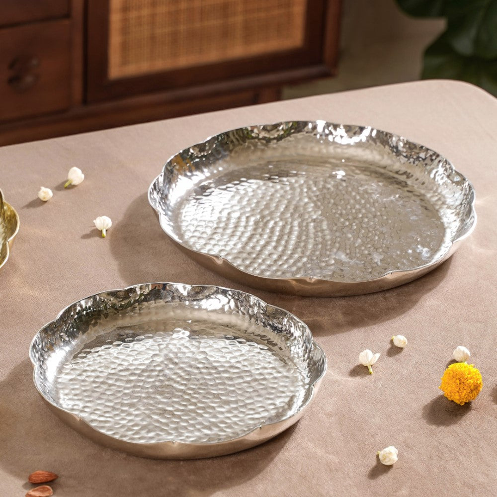 Silver Urli Tray With Flower Shape Set Of 2 Nestasia