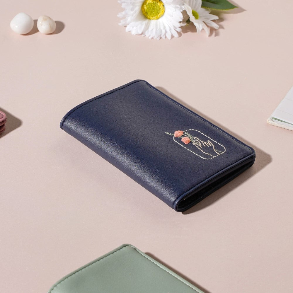 Floral Art Embroidered Passport Cover Navy Blue Nestasia