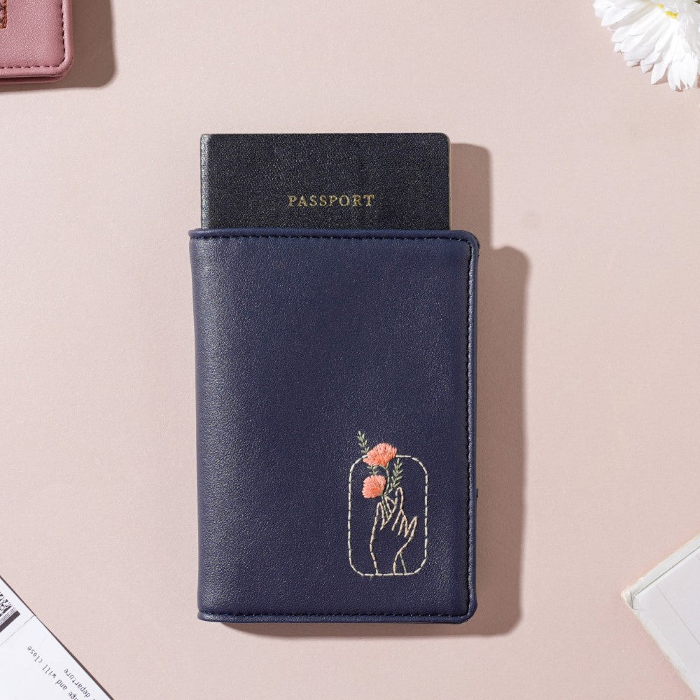 Floral Art Embroidered Passport Cover Navy Blue Nestasia