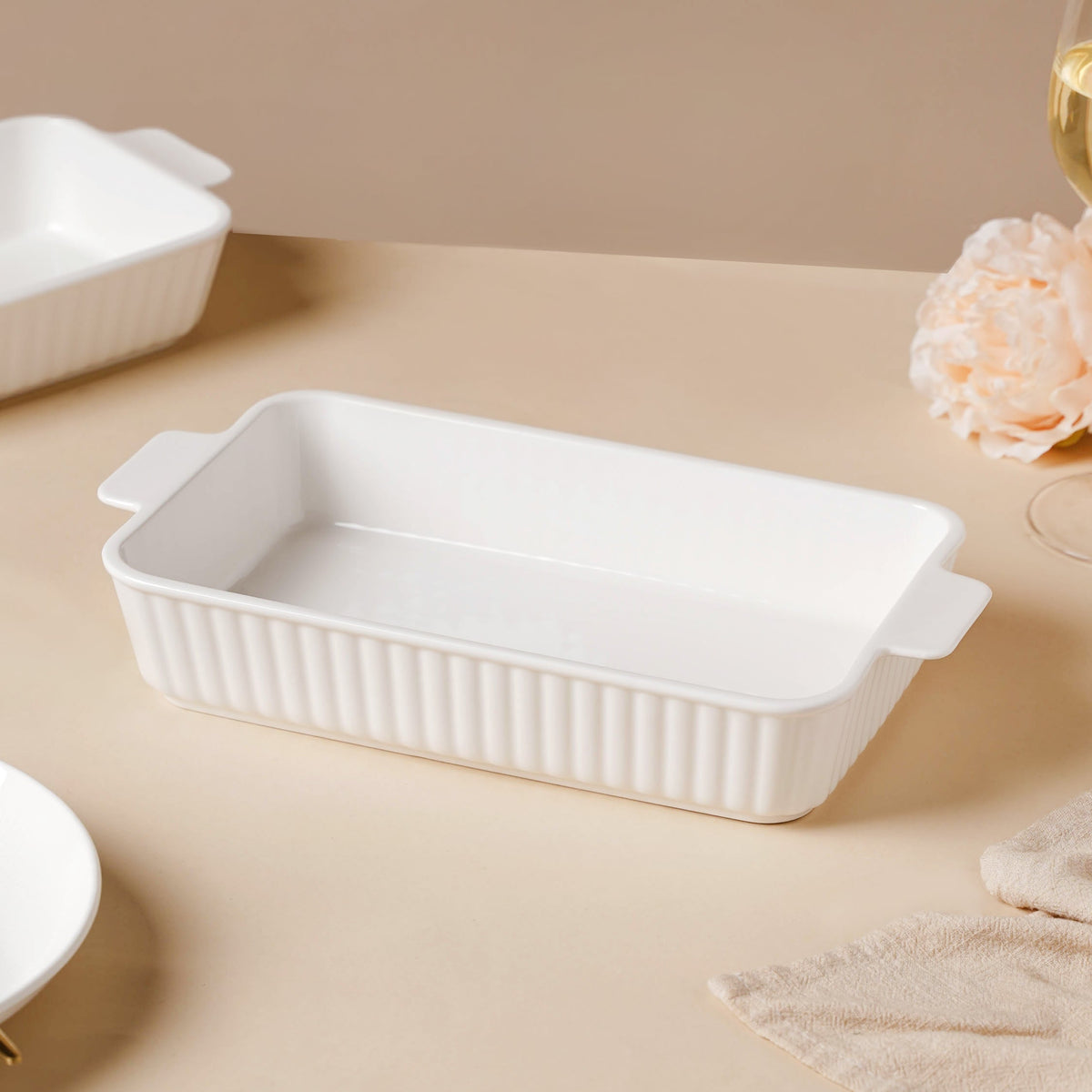 Serena Lily White Ceramic Ribbed Baking Plate Large Nestasia