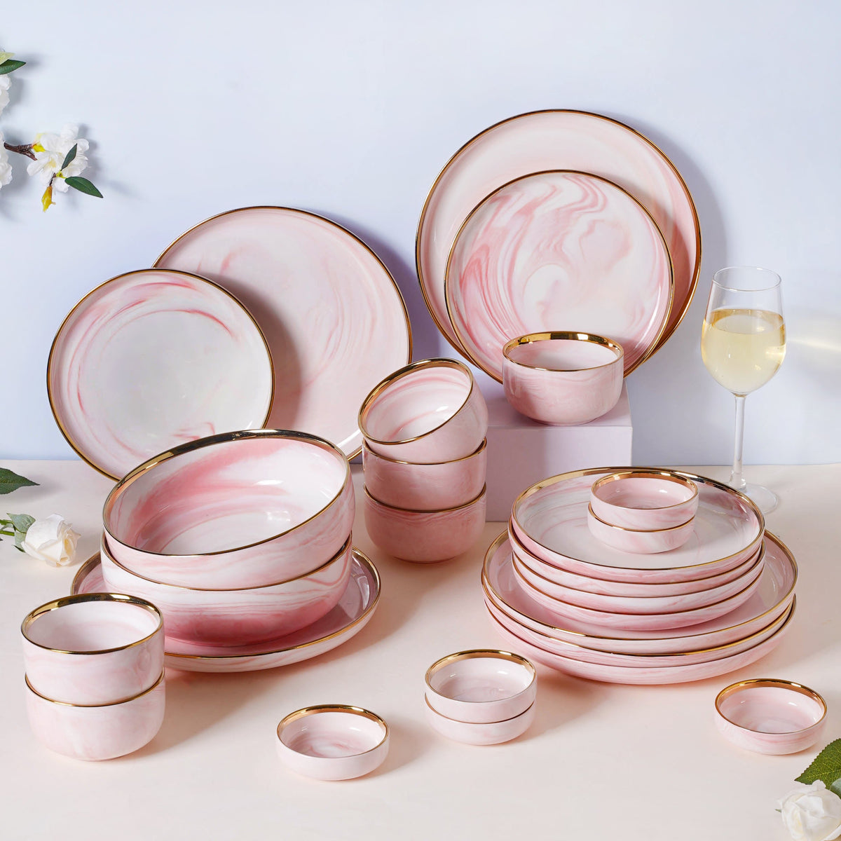 Pink Marble 26 Piece Dinnerware For 6 Nestasia