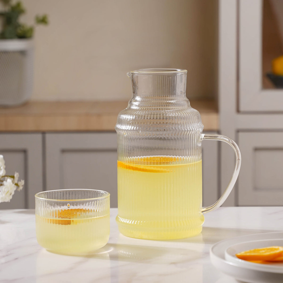 Modern Ribbed Glass Jug and Cup Set Nestasia