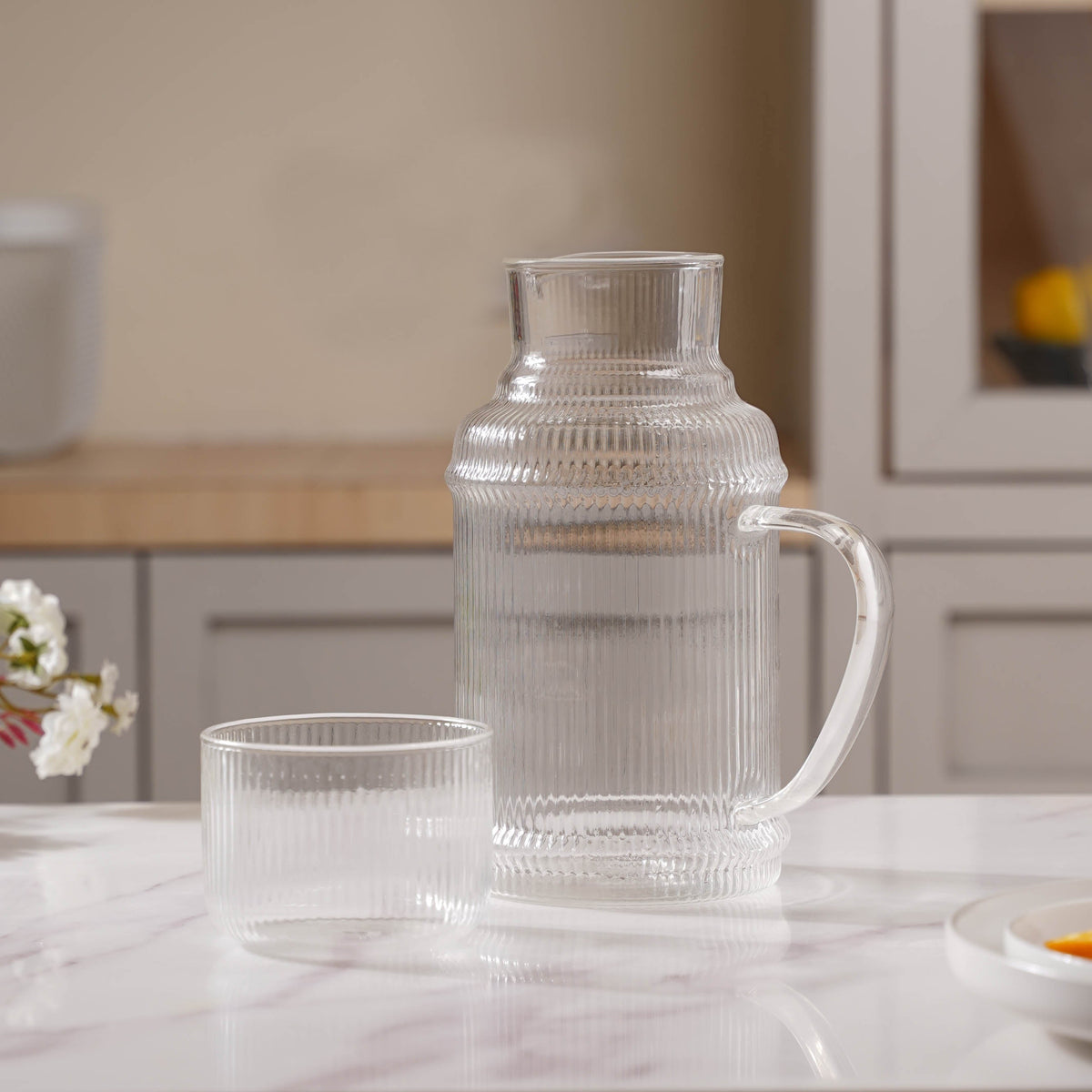 Modern Ribbed Glass Jug and Cup Set Nestasia