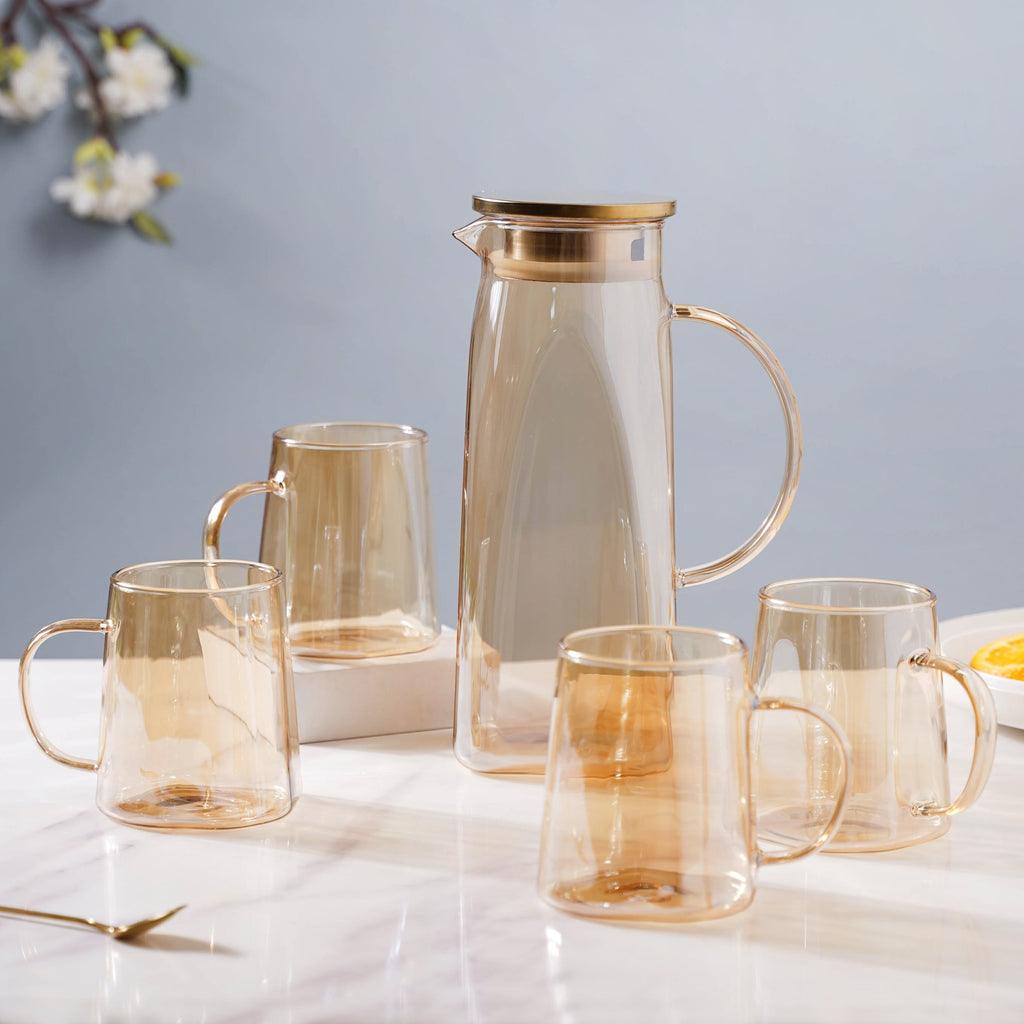 Amber Glass Jug and 4 Cups Set Nestasia