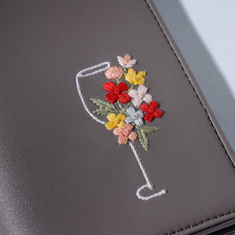 Floral Line Art Embroidered Passport Cover Grey Nestasia