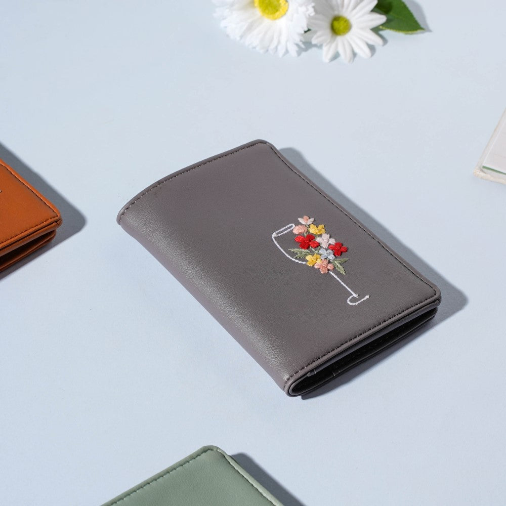Floral Line Art Embroidered Passport Cover Grey Nestasia