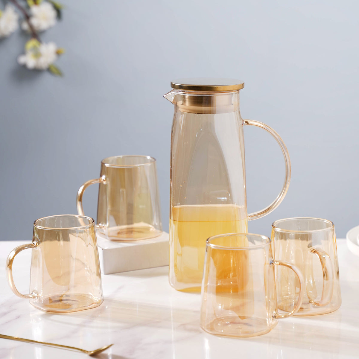 Amber Glass Jug and 4 Cups Set Nestasia