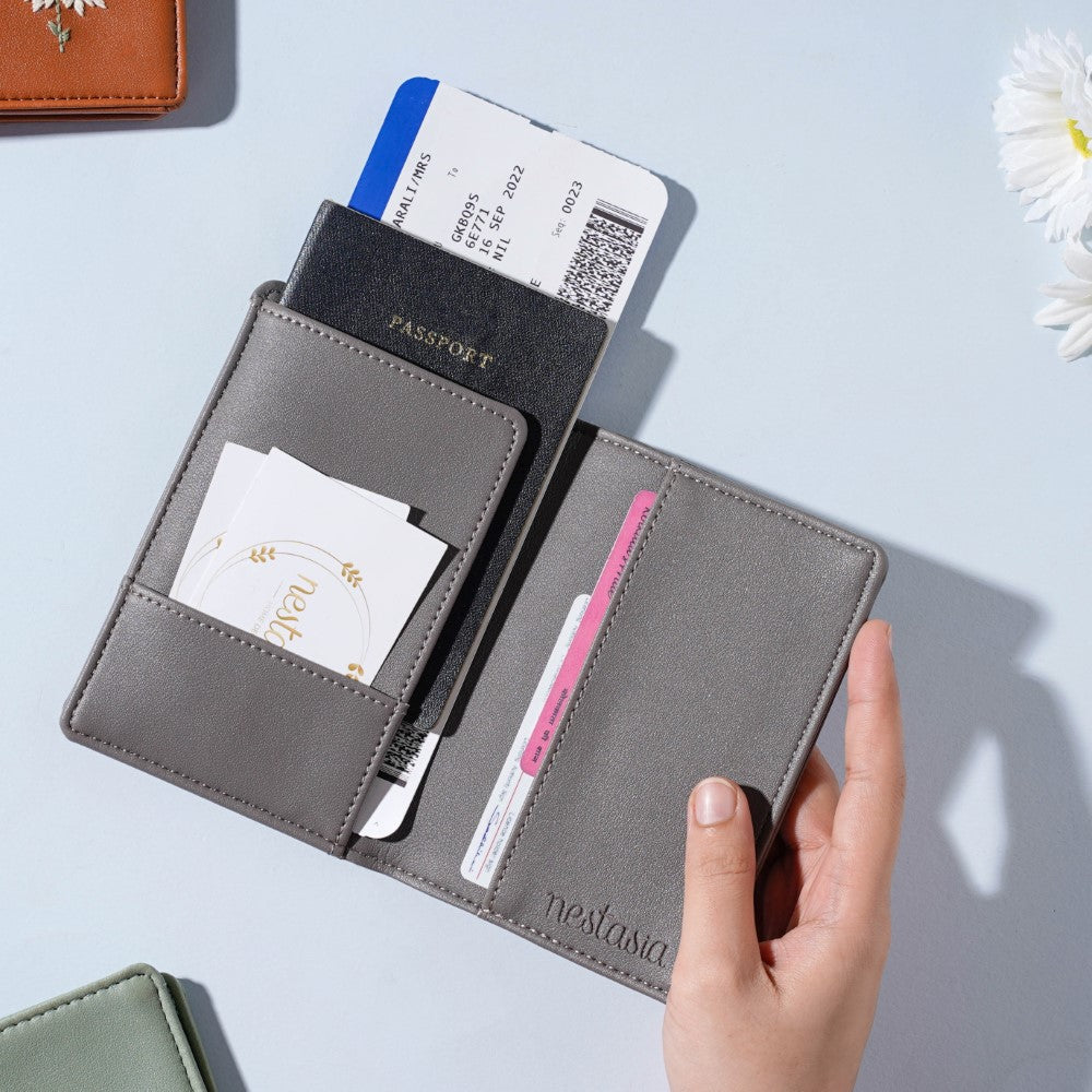 Floral Line Art Embroidered Passport Cover Grey Nestasia
