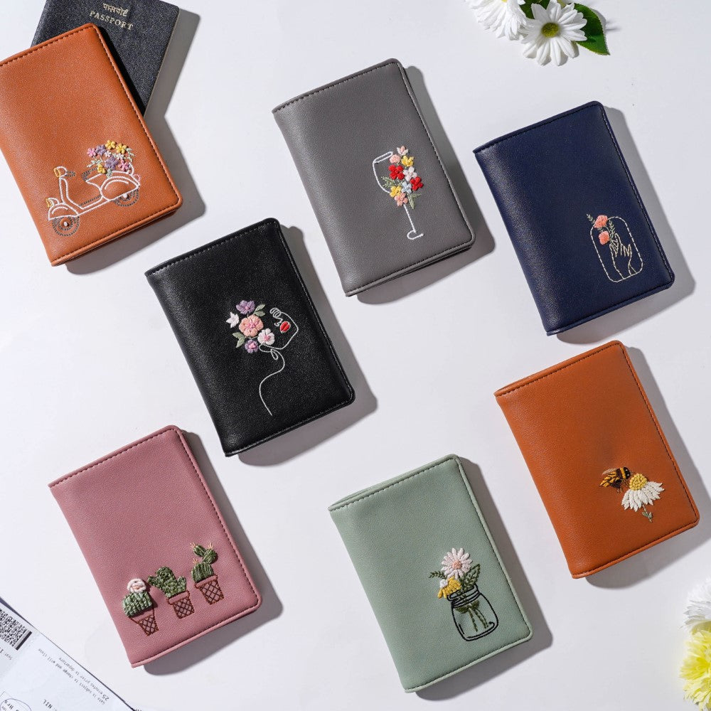 Floral Line Art Embroidered Passport Cover Grey Nestasia