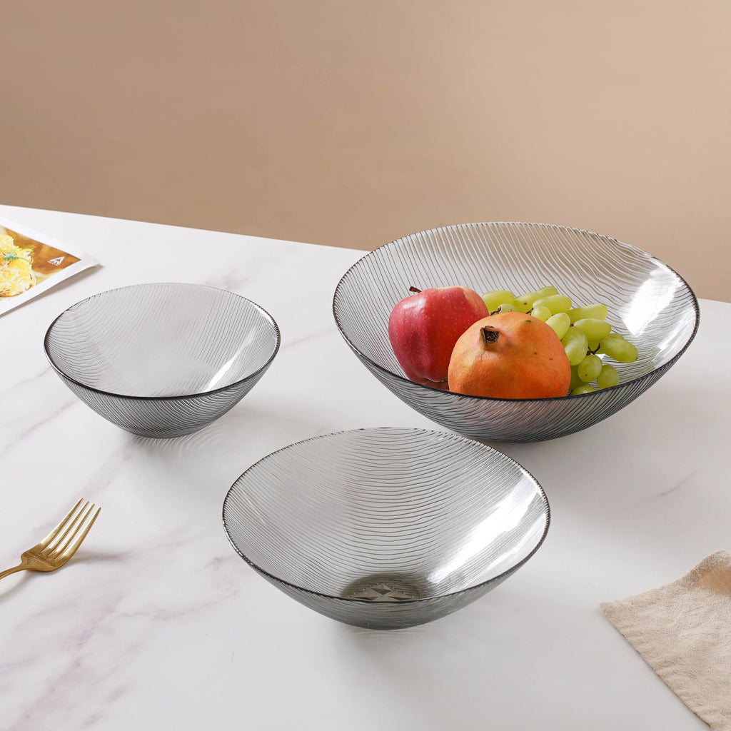 Waves Glass Bowl Set of 3 Grey Nestasia