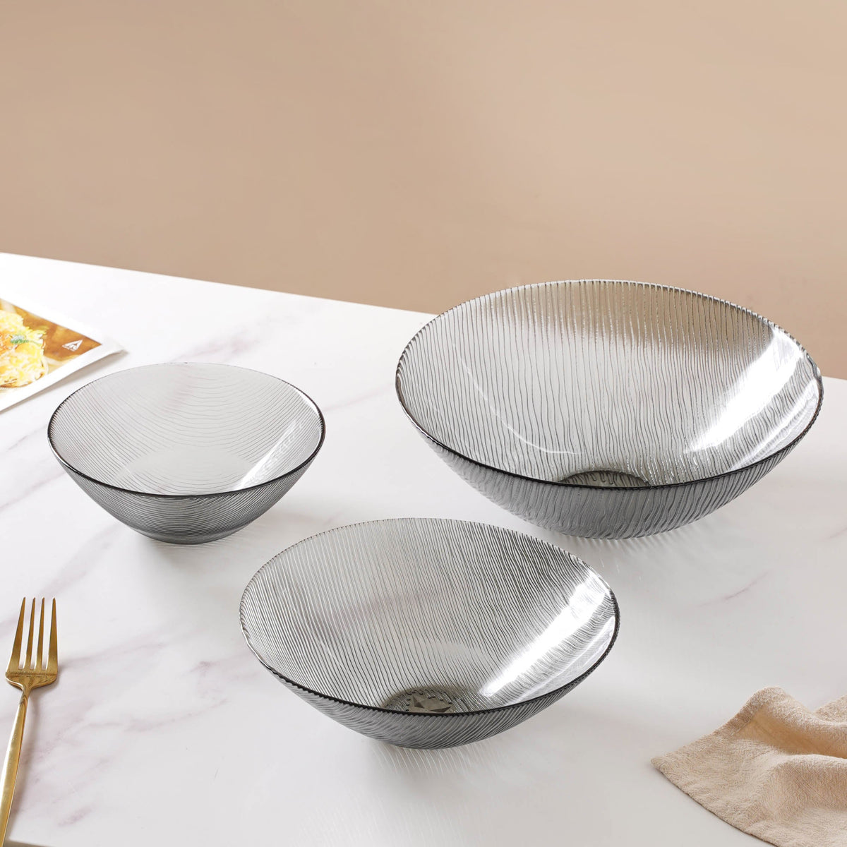 Waves Glass Bowl Set of 3 Grey Nestasia