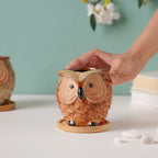 Orange Owl Ceramic Planter With Wooden Coaster Nestasia