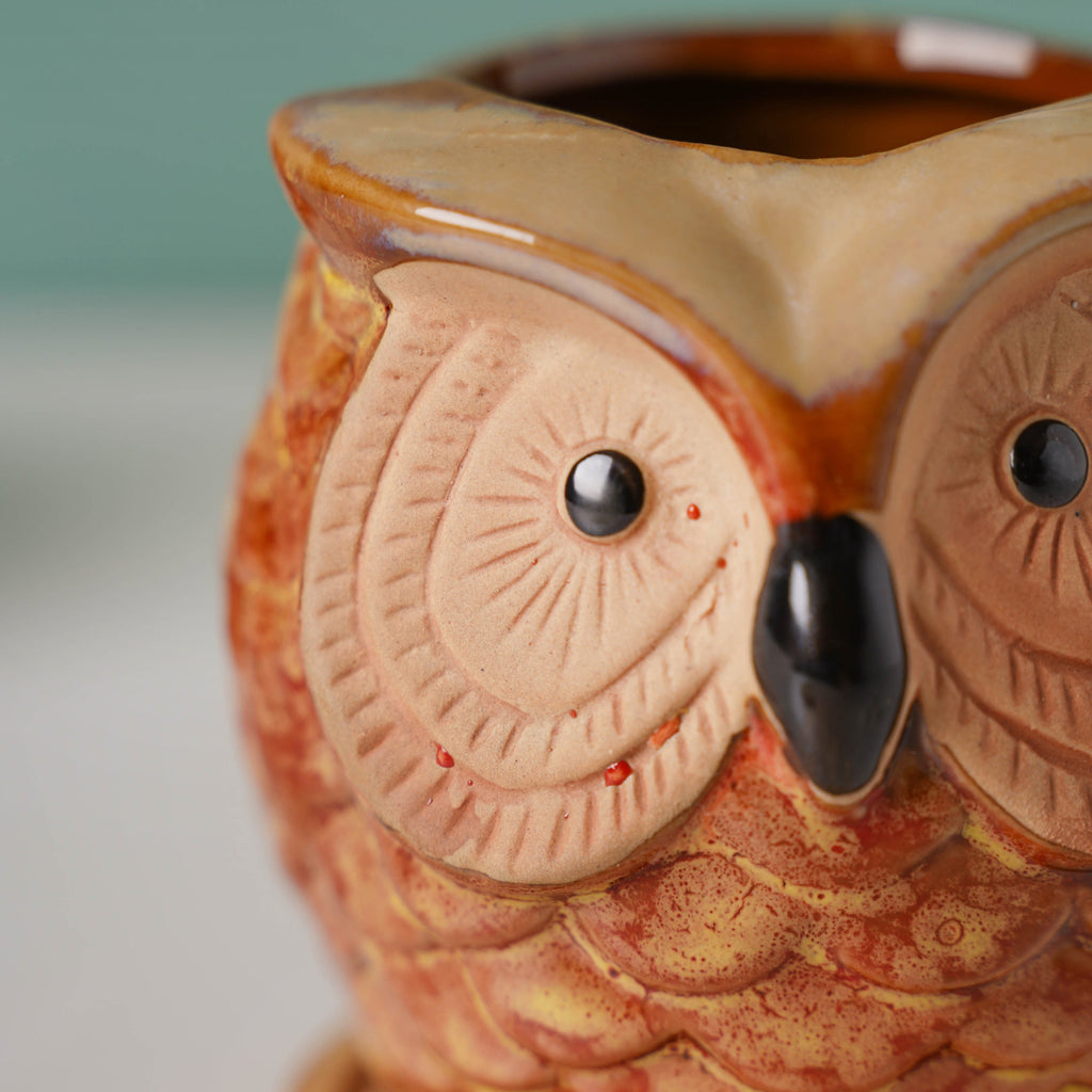 Orange Owl Ceramic Planter With Wooden Coaster Nestasia
