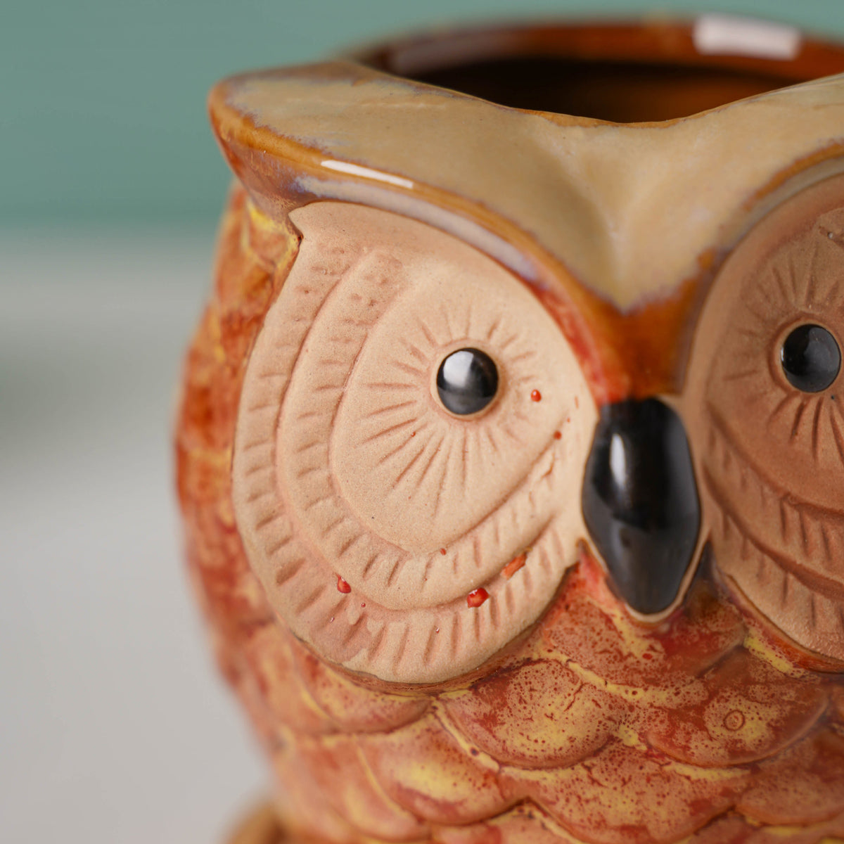Orange Owl Ceramic Planter With Wooden Coaster Nestasia