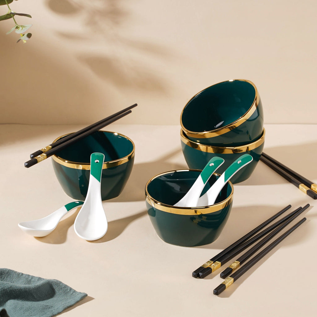 Emerald Snack Bowl Set Of 4 With Chopsticks And Soup Spoons Nestasia