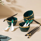 Emerald Snack Bowl Set Of 4 With Chopsticks And Soup Spoons Nestasia