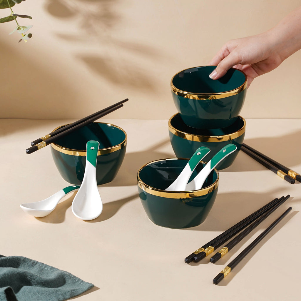Emerald Snack Bowl Set Of 4 With Chopsticks And Soup Spoons Nestasia
