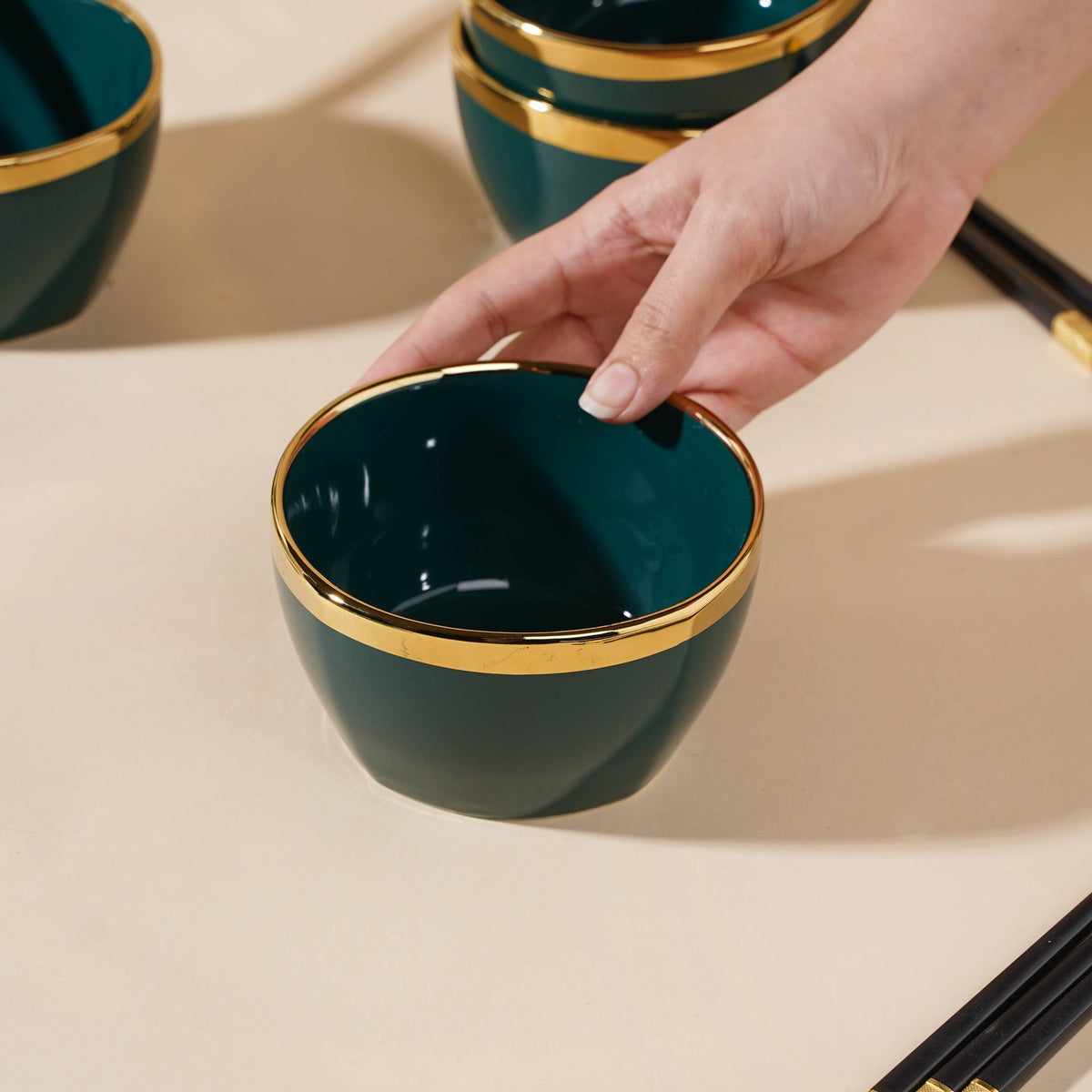 Emerald Snack Bowl Set Of 4 With Chopsticks And Soup Spoons Nestasia