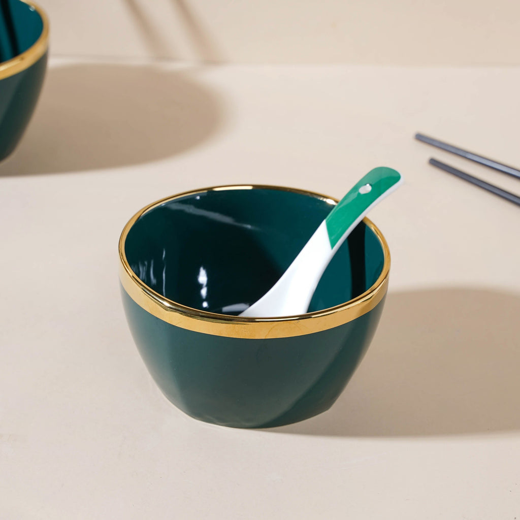 Emerald Snack Bowl Set Of 4 With Chopsticks And Soup Spoons Nestasia