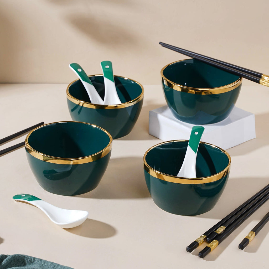 Emerald Snack Bowl Set Of 4 With Chopsticks And Soup Spoons Nestasia