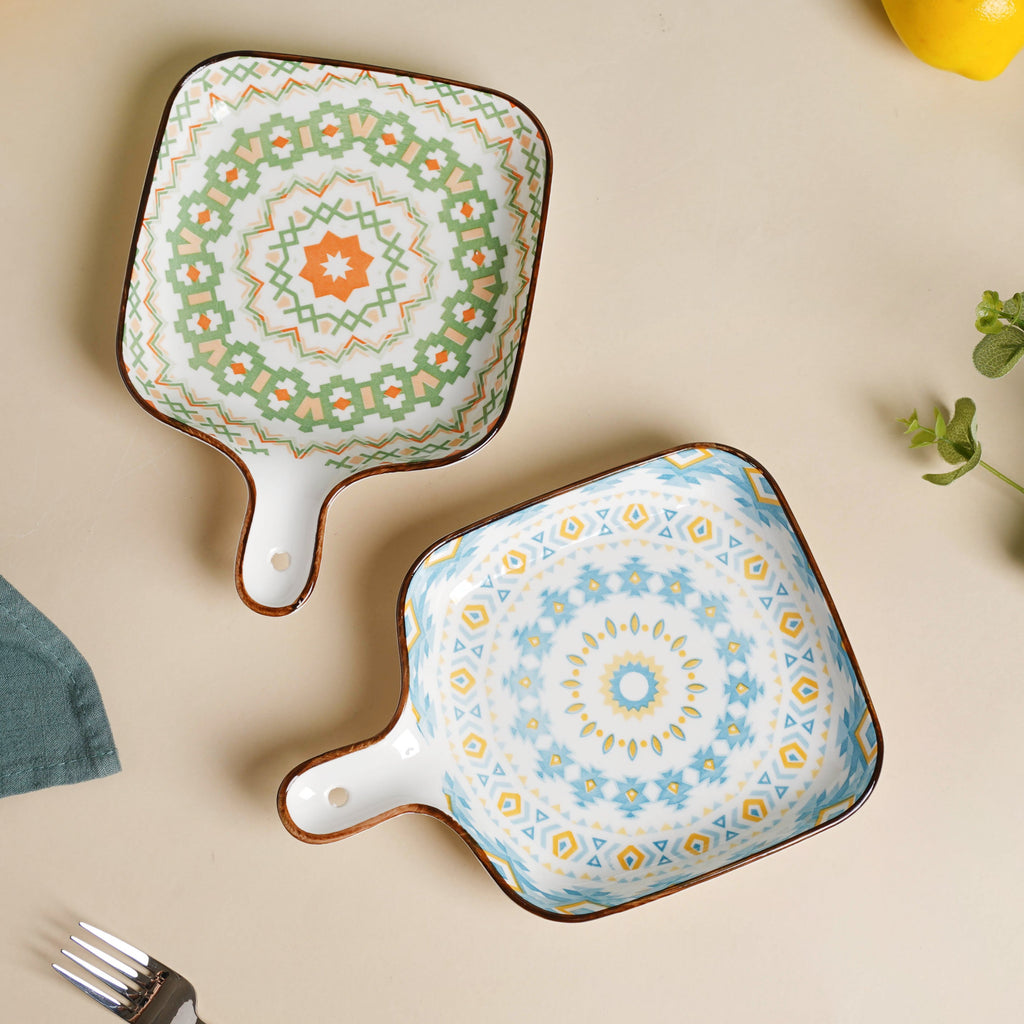 Mandala Yellow Diamonds Square Snack Plate With Handle Nestasia