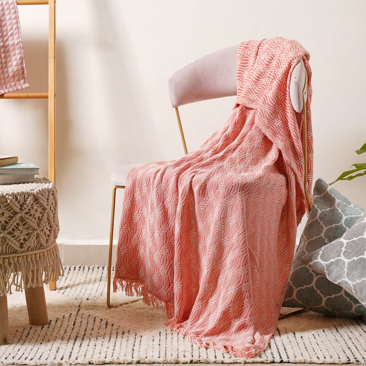 Peach and Off White Textured Throw Nestasia
