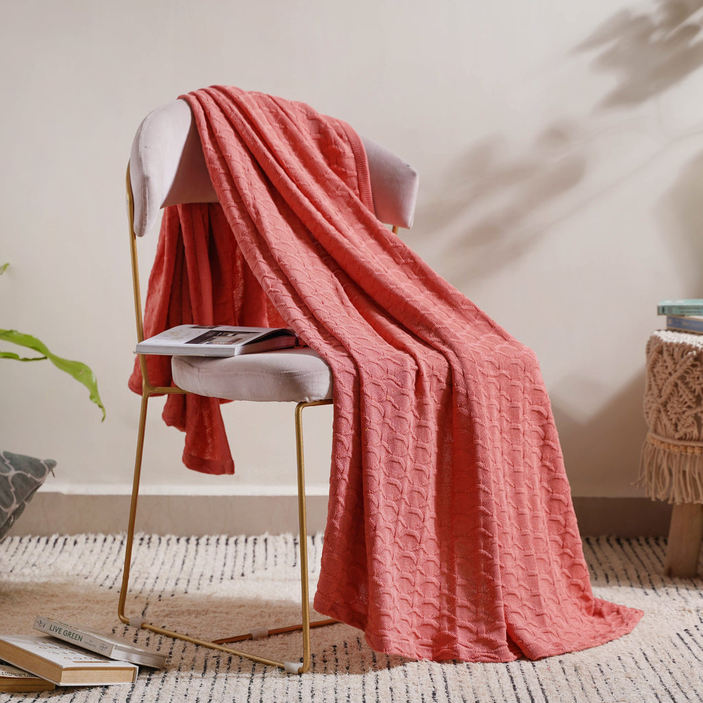 Salmon Pink Scallop Knitted Throw Nestasia