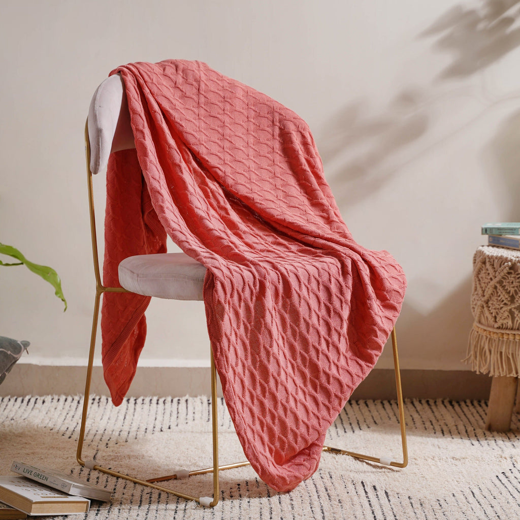 Salmon Pink Scallop Knitted Throw Nestasia