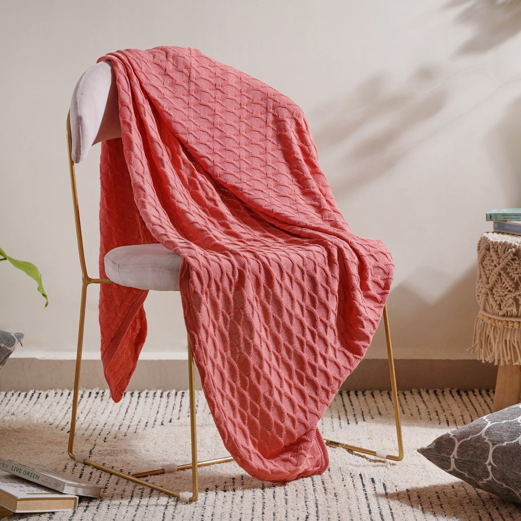 Salmon Pink Scallop Knitted Throw Nestasia